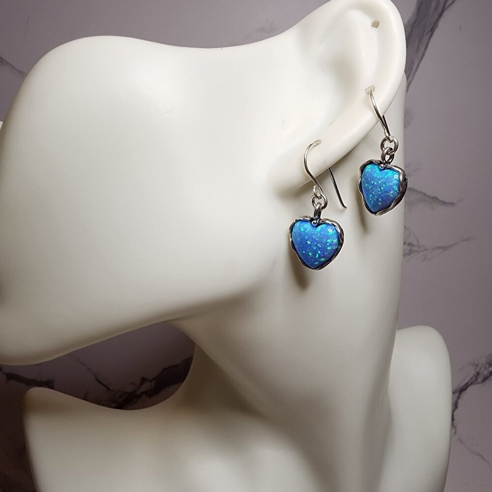925 Silver Lab Opal Heart Drop Earrings